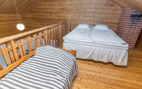 Onnimanni: Wood, Floor, Flooring, Interior Design, Furniture, Ceiling, Bed, Wood Stain, Room, Bedroom