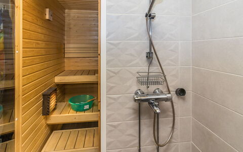 Onnimanni: Flooring, Floor, Plumbing Fixture, Interior Design, Bathroom, Plumbing, Shower Head, Tile, Shower, Tap