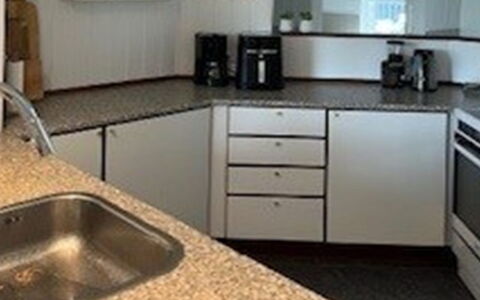 Elvin - 2Km from the Sea: Countertop, Kitchen, Cabinetry, Kitchen Appliance, Flooring, Interior Design, Sink, Plumbing Fixture, Kitchen Sink, Tap