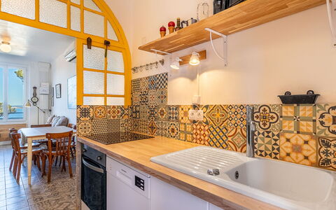 Le Provençal: Flooring, Interior Design, Floor, Kitchen, Countertop, Ceiling, Tile, Room, Tap, Plumbing Fixture