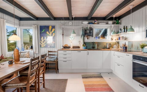 Sella - 600M from the Sea: Kitchen, Countertop, Furniture, Flooring, Interior Design, Wood, Kitchen Appliance, Major Appliance, Ceiling, Cabinetry