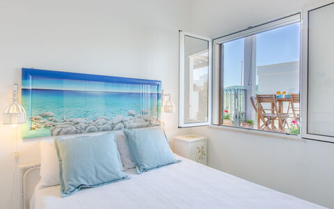 Casa Laura: Blue, Interior Design, Bedroom, Sea, Linens, Apartment, Bedding, Ocean, Balcony, Bed