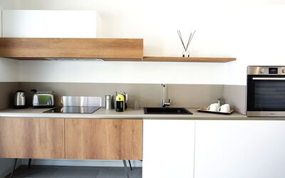 Apartment Selva 1: Cabinetry, Property, Furniture, Countertop, Kitchen, Home Appliance, Building, Kitchen Sink, Tap, Wood