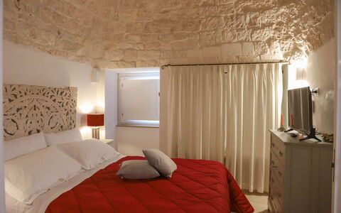 Country Trullo Verde, Wifi, Alberobello: Furniture, Property, Building, Comfort, Lighting, Wood, Textile, Interior Design, Bed Frame, Cabinetry