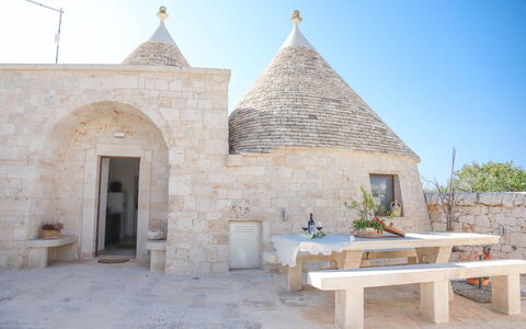 Country Trullo Verde, Wifi, Alberobello: Sky, Plant, Table, Outdoor Furniture, Door, Landscape, Rural Area, Cottage, Facade, Outdoor Bench