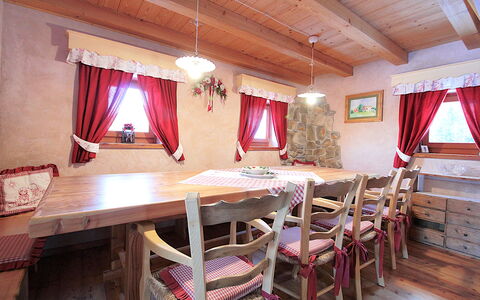 Baita Mountain View Pale San Martino: Furniture, Table, Curtain, Building, Interior Design, Wood, Chair, Decoration, Real Estate, House