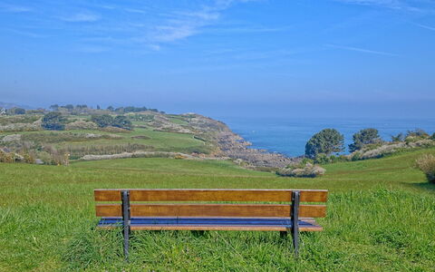 Ker Lolis: Blue, Outdoor Bench, Green, Natural Landscape, Bench, Horizon, Outdoor Furniture, Grassland, Furniture, Sea