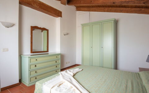 Villetta Mare Blu With Pool, Country Village, Stin: Interior Design, Furniture, Bed, Bedroom, Wood, Flooring, Floor, Ceiling, Room, Bed Sheet