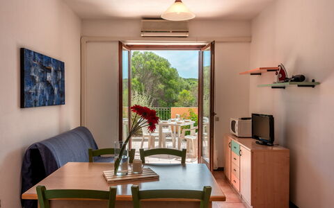 Casa Pavoncelle Apartments In Gallura: Apartment, Kitchen & Dining Room Table, Balcony, Wood Stain, Chair, Hardwood, Outdoor Table, Eco Hotel, Houseplant, Dining Room