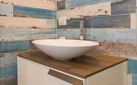 Castiglioncello 230: Plumbing Fixture, Flooring, Floor, Bathroom, Plumbing, Tile, Bathroom Sink, Sink, Tap, Wood Stain