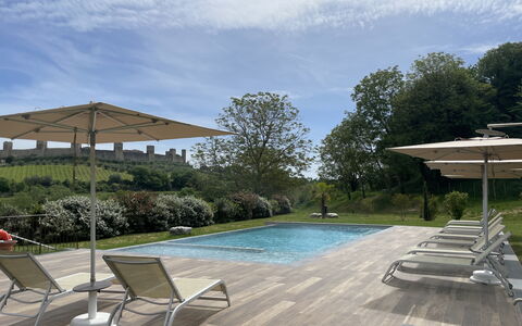 Le Volte, Borgo Campassini, Monteriggioni: Swimming Pool, Outdoor Furniture, Furniture, Sunlounger, Chair, Composite Material, Shade, Garden, Resort, Umbrella