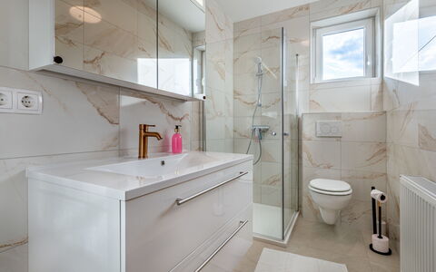 Villa Therese: Plumbing Fixture, Bathroom, Flooring, Floor, Interior Design, Bathroom Cabinet, Bathroom Sink, Sink, Tap, Plumbing