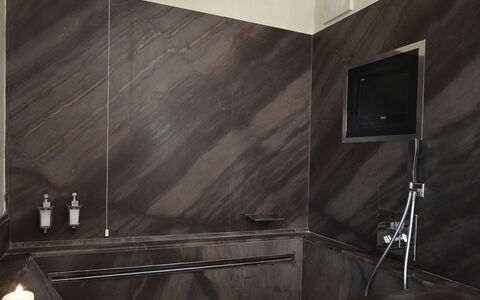 Villa le Selve: Plumbing Fixture, Interior Design, Flooring, Tap, Floor, Plumbing, Home, Bathtub, Bathroom, Sink