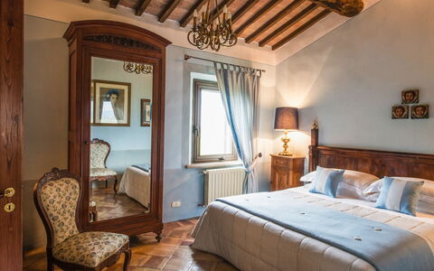 Villa Giuncheto: Furniture, Interior Design, Wall, Bedroom, Wood, Bed, Flooring, Home, Floor, Lighting