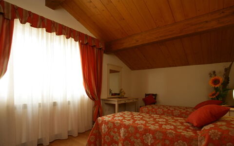 San Giuseppe Villa: Furniture, Interior Design, Textile, Room, Ceiling, Linens, Bedroom, Lighting, Orange, Bed Sheet