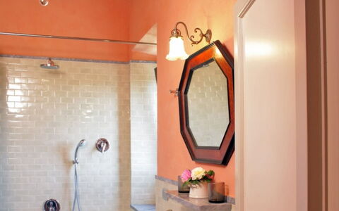 Bagnoletto: Wall, Interior Design, Plumbing Fixture, Bathroom, Orange, Ceiling, Plumbing, Tap, Lighting, Light Fixture