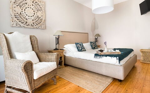 Villa Etna: Furniture, Interior Design, Bed, Floor, Flooring, Bedroom, Room, Wood, Linens, Bedding