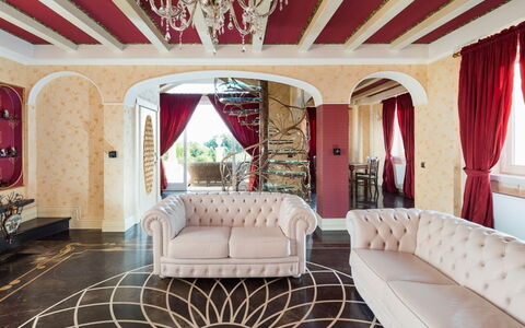 Villa del Drago: Interior Design, Flooring, Furniture, Floor, Red, Wood, Couch, Living Room, Ceiling, Lighting