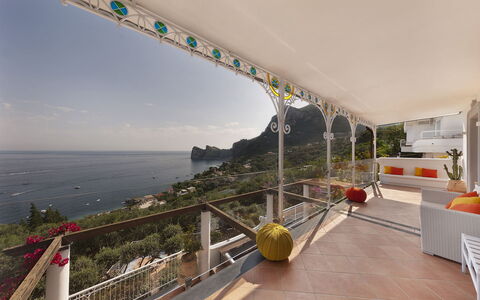 Villa Nerano: Furniture, Chair, Resort, Balcony, Coast, Eco Hotel, Houseplant, Villa, Bay, Flowerpot