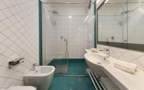 Villa Nerano: Bathroom, Plumbing Fixture, Flooring, Bathroom Sink, Interior Design, Floor, Tap, Plumbing, Shower, Sink
