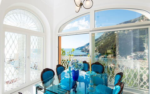 Villa Limoncello: Blue, Interior Design, Furniture, Chair, Resort, Kitchen & Dining Room Table, Dining Room, Hotel, Villa, Coffee Table