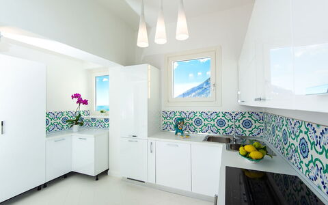 Villa Limoncello: Blue, Interior Design, Flooring, Kitchen, Countertop, Floor, Sink, Tap, Ceiling, Cabinetry