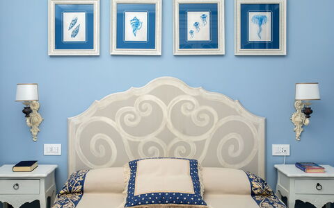 Villa Ribes: Blue, Furniture, Interior Design, Bedroom, Bed, Wall, Wood, Bedding, Bed Sheet, Textile