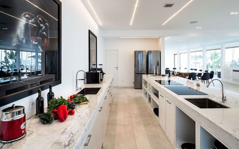 Villa Alcantara: Kitchen, Interior Design, Countertop, Flooring, Furniture, Floor, Ceiling, Lighting, Cabinetry, Kitchen Appliance