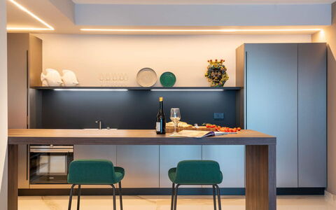 Villa Taormina- Baya Bella: Furniture, Interior Design, Flooring, Wood, Table, Kitchen, Countertop, Home, Floor, Lighting