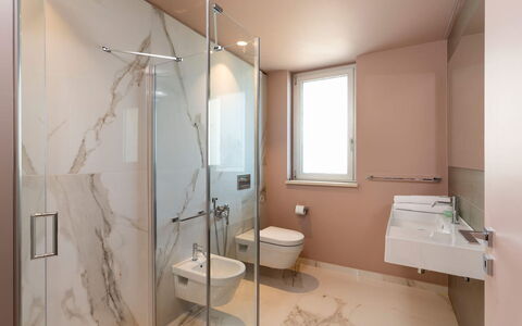 Villa Taormina- Baya Bella: Bathroom, Flooring, Plumbing Fixture, Wall, Interior Design, Floor, Toilet, Plumbing, Sink, Ceiling