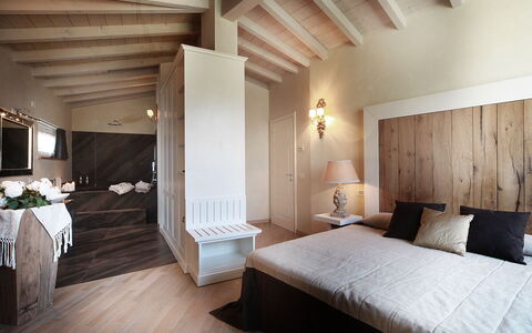 Tenuta le Selve: Furniture, Interior Design, Bed, Bedroom, Flooring, Wall, Floor, Ceiling, Wood, Room