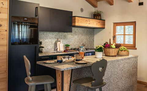 Baita Piciola: Furniture, Interior Design, Wood, Kitchen, Flooring, Countertop, Ceiling, Light Fixture, Floor, Home