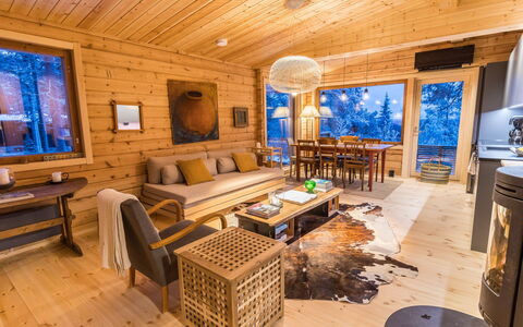 Kelokaltiokylän Maja 22: Wood, Ceiling, Interior Design, Home, Furniture, House, Cottage, Living Room, Log Cabin, Hardwood