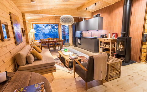 Kelokaltiokylän Maja 22: Wood, Interior Design, Furniture, Flooring, Ceiling, Floor, Living Room, Home, Couch, Hardwood