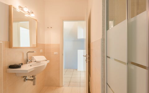Baia Bianca Apartments Sardinia: Flooring, Floor, Interior Design, Wood, Plumbing Fixture, Bathroom, Ceiling, Bathroom Sink, Lighting, Plumbing