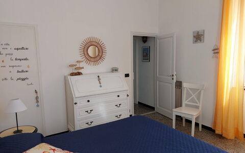 Casa Annalù With Garden, Wifi, Bogliasco: Furniture, Wall, Flooring, Floor, Interior Design, Bedroom, Wood, Bed, Room, Lighting