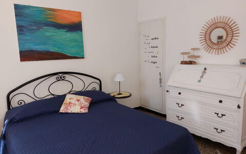 Casa Annalù With Garden, Wifi, Bogliasco: Furniture, Bed, Bedroom, Bedding, Interior Design, Bed Sheet, Floor, Flooring, Wood, Linens