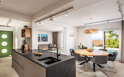 Brax8: Furniture, Interior Design, Kitchen, Countertop, Flooring, Light Fixture, Floor, Ceiling, Wood, Kitchen & Dining Room Table