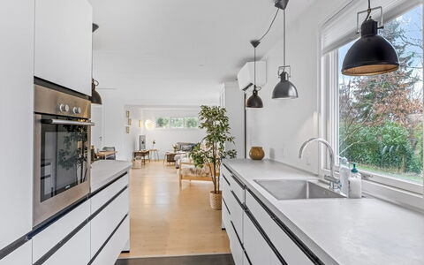 Runhild - 450M from the Sea: Flooring, Interior Design, Kitchen, Wood, Ceiling, Countertop, Floor, Light Fixture, Furniture, Lighting