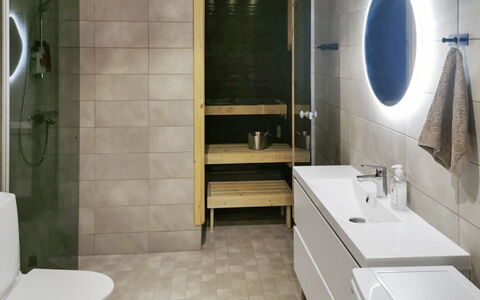 Villa Korpi: Bathroom, Flooring, Interior Design, Floor, Plumbing Fixture, Toilet, Bathroom Sink, Toilet Seat, Bathroom Cabinet, Sink