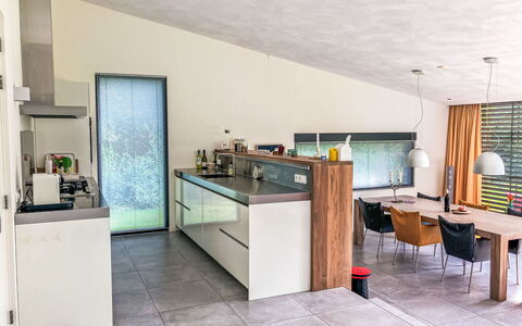 Villa Vrijheid: Interior Design, Furniture, Flooring, Floor, Countertop, Wood, Ceiling, Kitchen, Light Fixture, Lighting