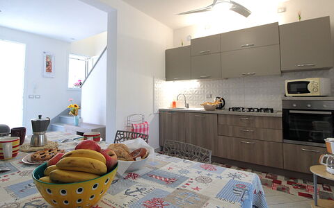 Villetta Elena, Ac, Wifi, Lido Degli Scacchi: Furniture, Interior Design, Kitchen, Flooring, Countertop, Kitchen Appliance, Wood, Floor, Major Appliance, Cabinetry
