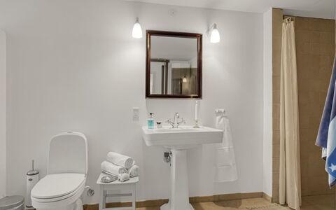 Bjerund - 300M from the Sea: Bathroom, Bathroom Sink, Plumbing Fixture, Sink, Interior Design, Flooring, Toilet Seat, Toilet, Floor, Tap