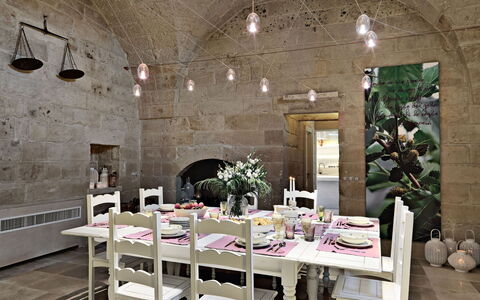 Masseria Capasa: Furniture, Interior Design, Flooring, Chair, Table, Ceiling, Kitchen & Dining Room Table, Floor, Lighting, Dining Room