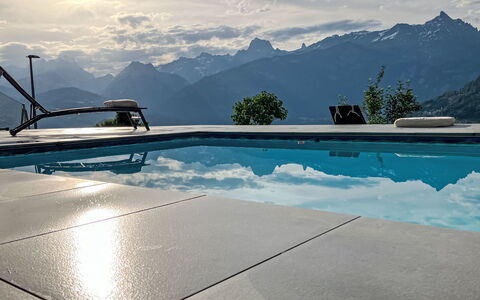 Collombey-Muraz 100: Swimming Pool, Composite Material, Mountain Range, Ridge, Outdoor Furniture, Alps, Shade, Sunlounger, Resort, Eco Hotel