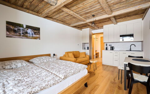 Harrachov 706: Wood, Interior Design, Floor, Ceiling, Flooring, Bedroom, Room, Furniture, Bed, Wood Flooring