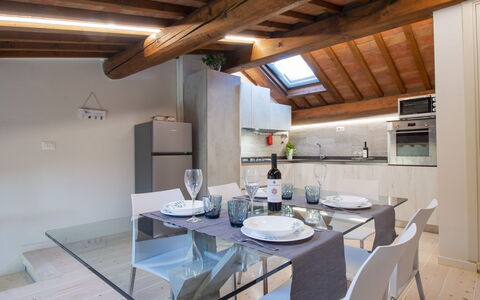 Casa Mei: Interior Design, Ceiling, Furniture, Room, Chair, Attic, Kitchen & Dining Room Table, Kitchen, Tile, Light Fixture