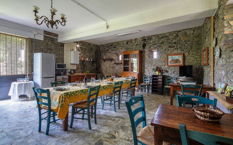 Villa Gelsi: Furniture, Table, Kitchen & Dining Room Table, Ceiling, Interior Design, Chair, Dining Room, Restaurant, Tablecloth, Light Fixture