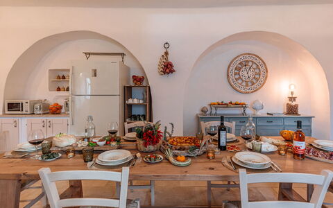 Masseria Le Monache: Furniture, Table, Kitchen & Dining Room Table, Chair, Tableware, Dining Room, Home, Houseplant, Serveware, Flowerpot