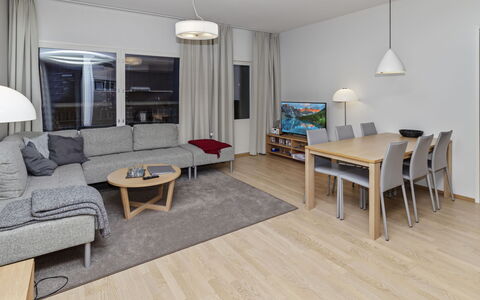 Ruka Chalets 2 Huoneisto 2405: Furniture, Interior Design, Flooring, Floor, Wood Flooring, Wood, Ceiling, Room, Couch, Living Room